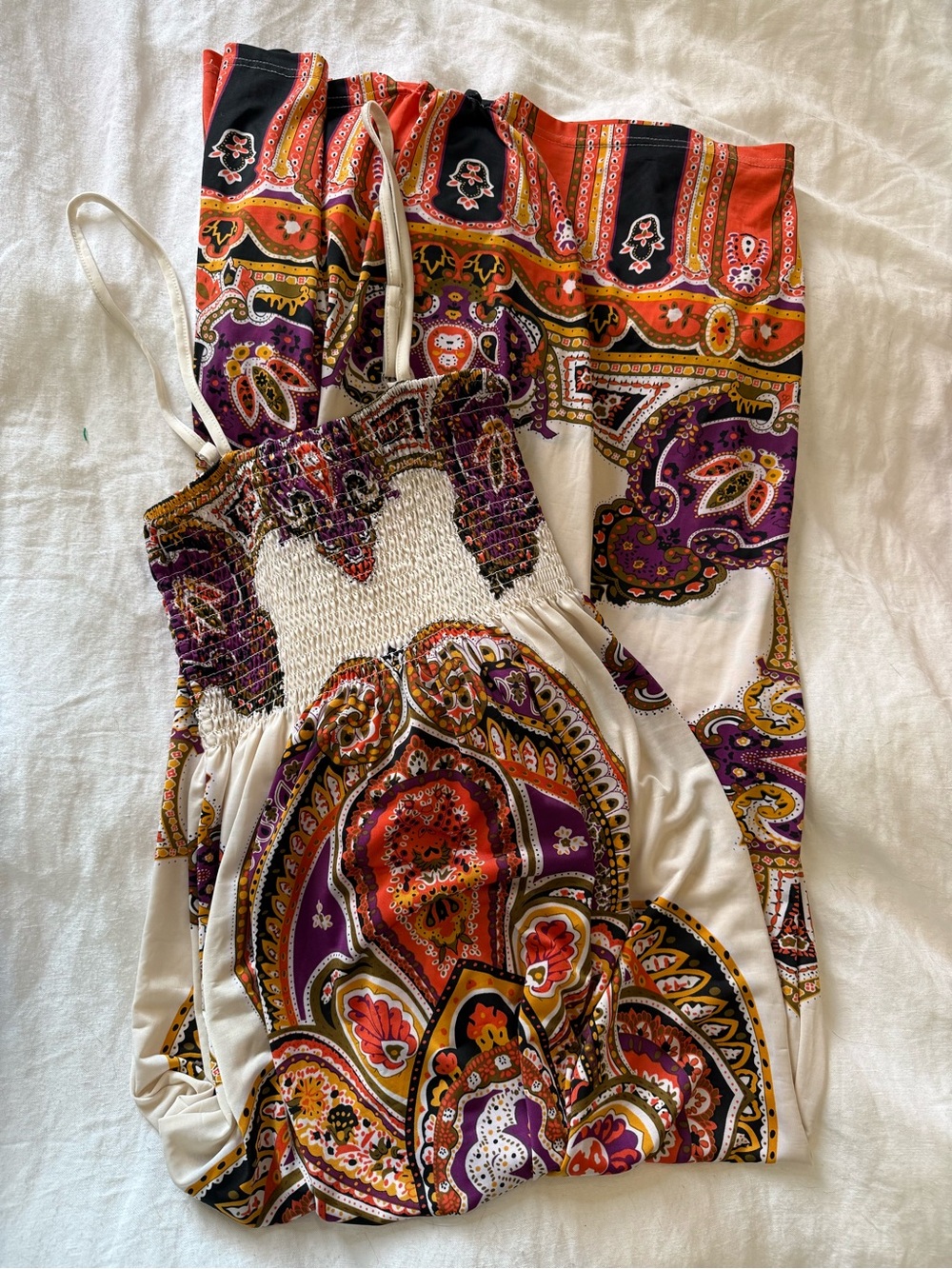 Bohemian Paisley Strapless Maxi Dress - Cream, Purple & Orange